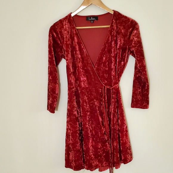 Lulu's Wine Velvet Wrap Dress 3/4 Sleeves - Picture 3 of 6